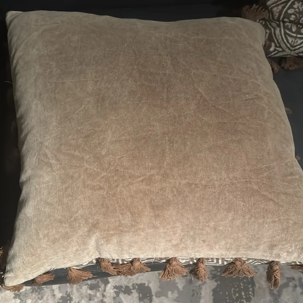 3 designer Arhaus pillow covers with taupe velvet suede and fringe 22x22 zipper